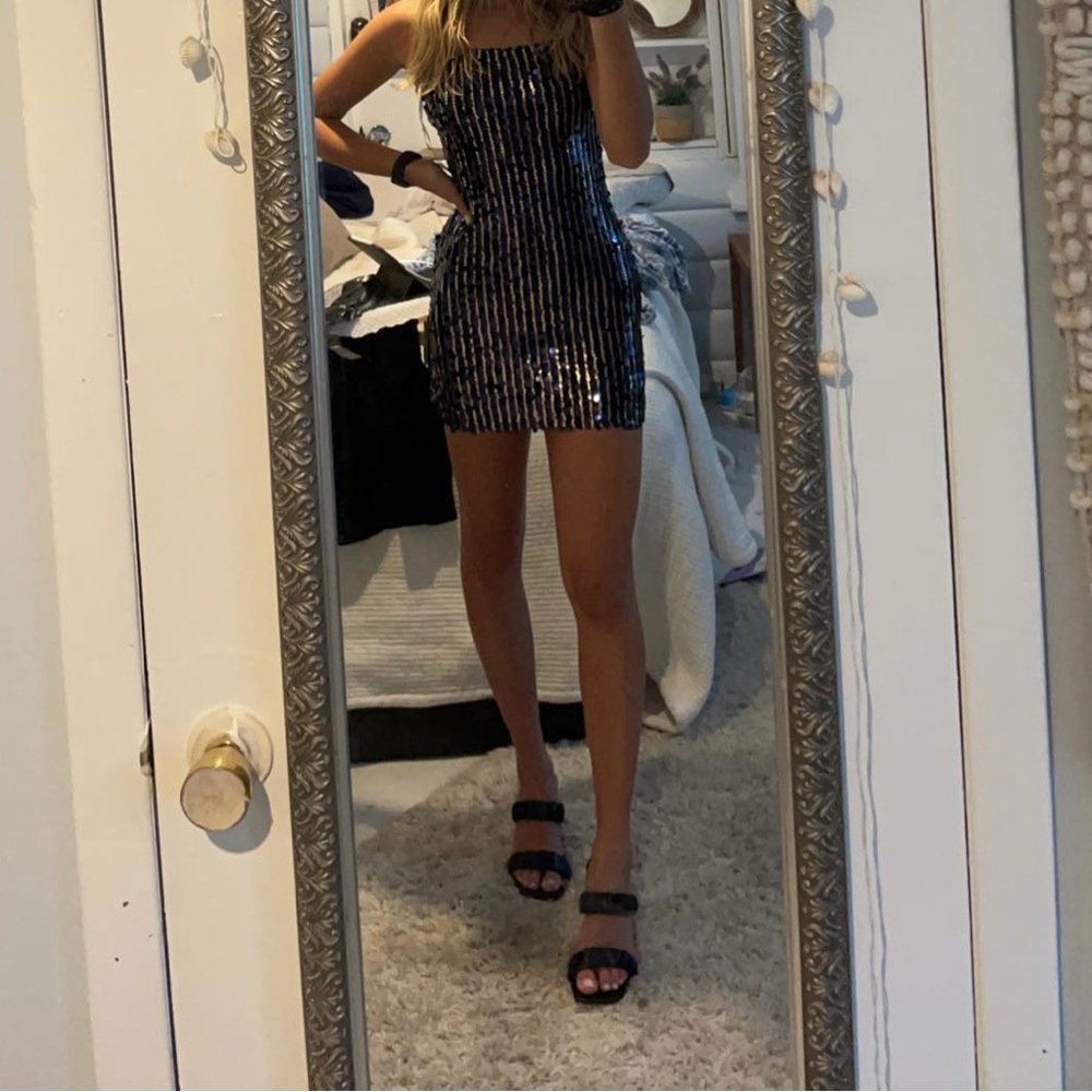 Lulus blue and silver sequin body con dress